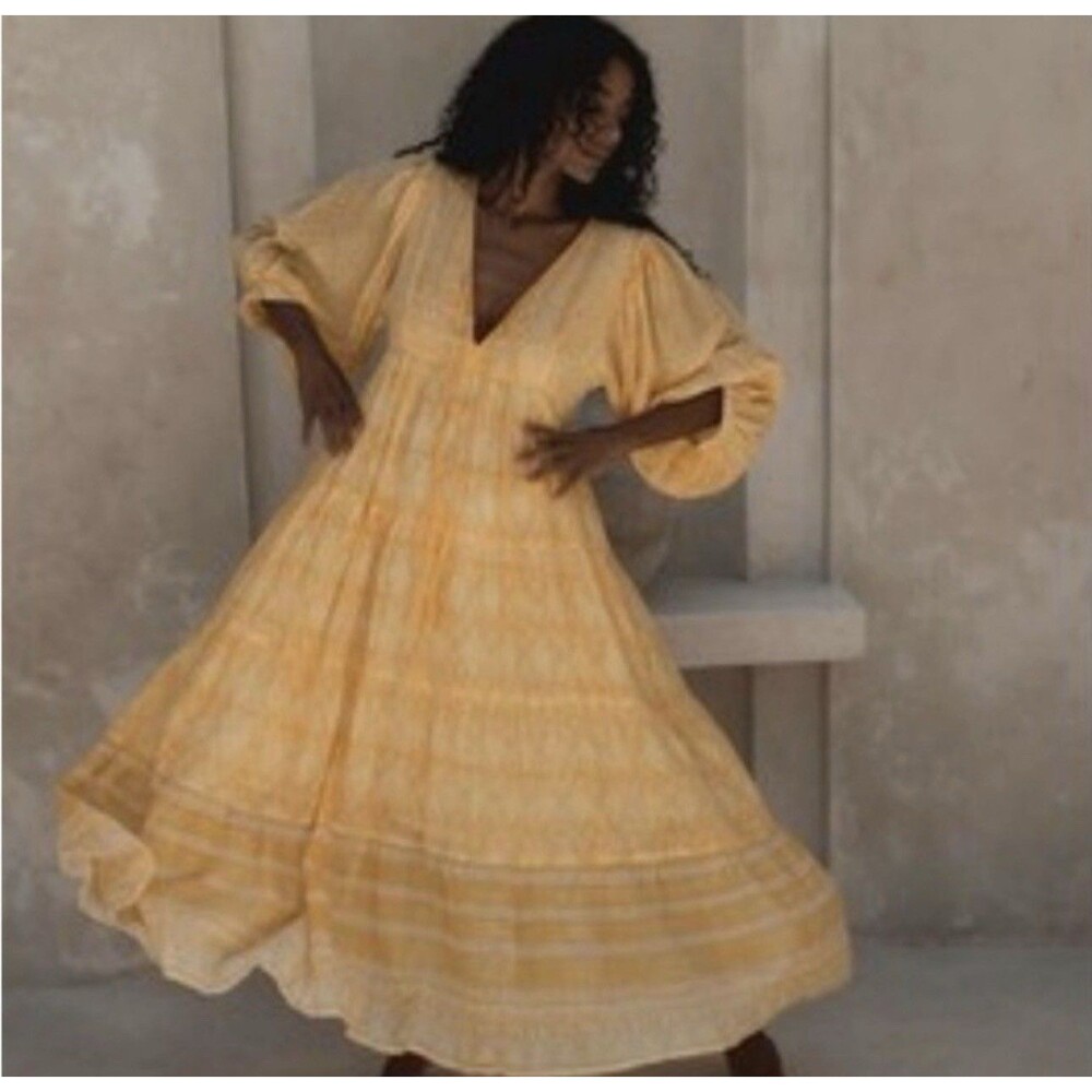 New NWT Daughters of India Jasmine Size L Maxi Dress Mango Yellow Cotton - Picture 2 of 14